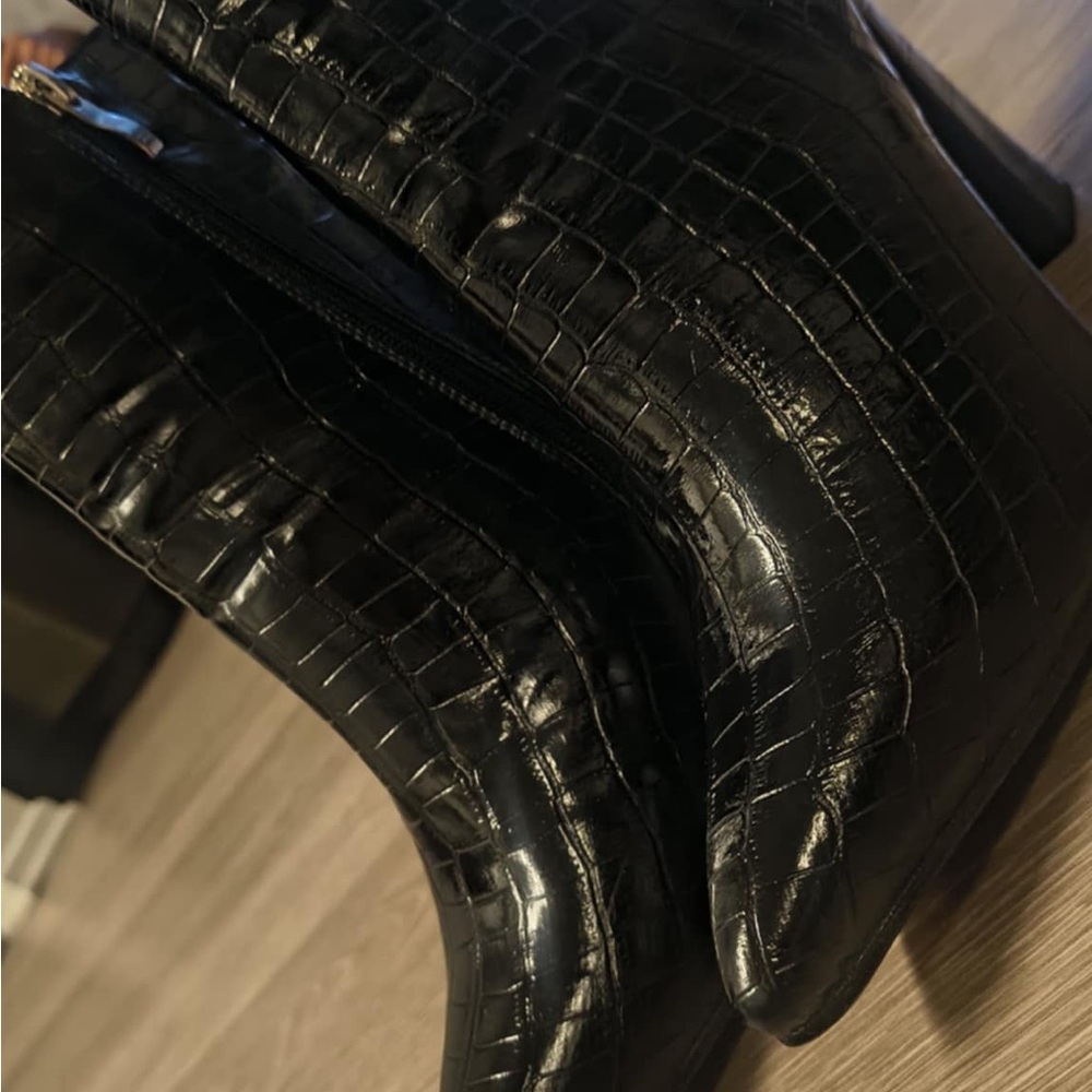 Black Croc-Embossed Ankle Boots